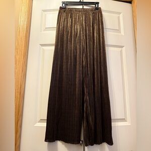 Glam Shimmering Bronze Metallic Pleated Wide Leg Pants - Size L